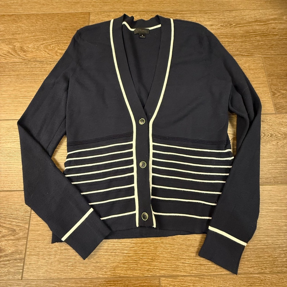 Carlisle Collection Women's V-Neck  Cardigan Navy Blue White Stripe S Viscose